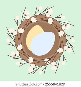 2 Easter Eggs in nest with blossom twigs in trendy soft shades. Easter greeting design element idea