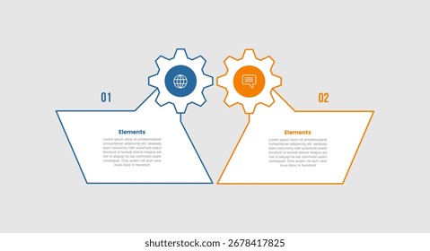 2 Elemente infographisches Vergleichsdiagramm mit Kippbox mit Zahnradabzeichen oben mit 2 Stufen für Dia-Präsentationsvektor