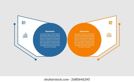 Diagrama comparativo de infografía de 2 Elementos con forma creativa con contenedor de círculo grande con 2 pasos para Vector de presentación de diapositivas