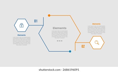 2 Elemente infographisches Vergleichsdiagramm mit kreativer Sechseckform mit Linienmitte verbunden mit Gegenvergleich mit 2 Schritt für Dia-Präsentationsvektor