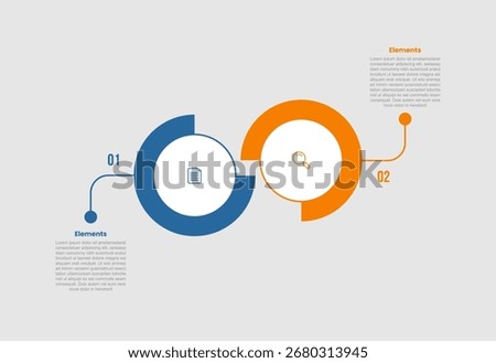 2 elements infographic comparison diagram with big circle with thick outline behind slice cut with 2 step for slide presentation vector