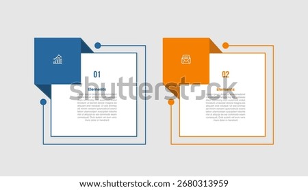 2 elements infographic comparison diagram with square box with ribbon badge side with 2 step for slide presentation vector