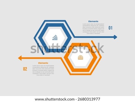 2 elements infographic comparison diagram with hexagon shape with long line arrow with 2 step for slide presentation vector