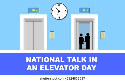 2 elevators and a large wall clock with an illustration of a pair of employees talking in the elevator. commemorating National Talk in an Elevator Day July 29
