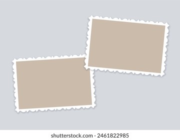 2 empty photo frames with patterned border. Ornamental beige decorative cards for holiday design, collages, albums, interior. Blank templates. Mockup. EPS10. 