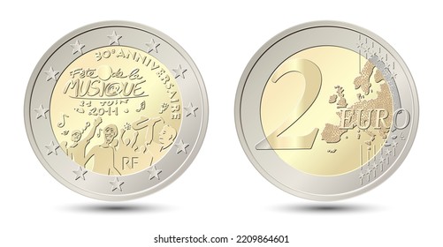 2 Euro, The 30th anniversary of the Music Day. Reverse and obverse of France two euro coin. Vector illustration isolated on white background.