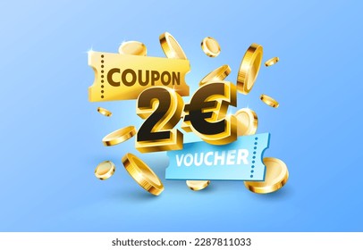 2 euro coupon gift voucher, cash back banner special offer. Vector illustration