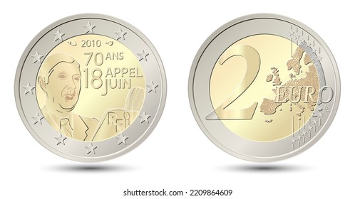 2 euro, France. 70 years of General Charles de Gaulle speech on June 18, 1940. Reverse and obverse of France two euro coin. Vector illustration isolated on white background.