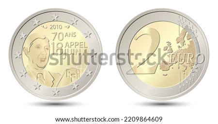 2 euro, France. 70 years of General Charles de Gaulle speech on June 18, 1940. Reverse and obverse of France two euro coin. Vector illustration isolated on white background. Imagine de stoc © 