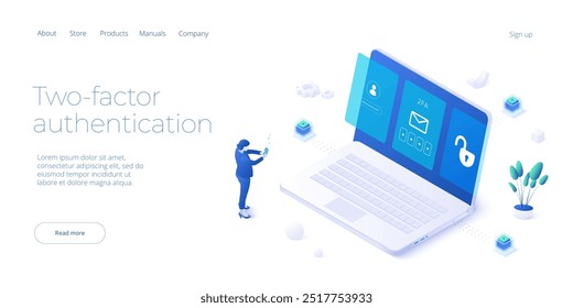 Ilustración vectorial isométrica de autenticación de 2 factores. Servicio digital o App con portátil desbloqueado a través de sms y escaneo de identificación táctil. Concepto de seguridad de la información personal y del dispositivo