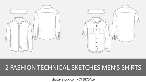 2 Fashion technical sketches men shirts with long sleeves and patch pockets in vector graphic