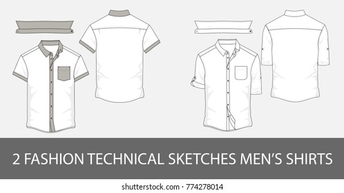 2 Fashion technical sketches men's shirt with short sleeves and patch pockets in vector.