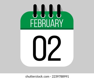 2 February calendar icon. Green calendar vector for February weekdays. Calendar page design on isolated background