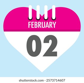 2 February calendar icon heart shape on light sky blue color background, calendar vector symbol for the month of february.