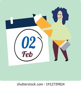 2 February calendar month. vector text Calendar on workplace Background, Empty space for