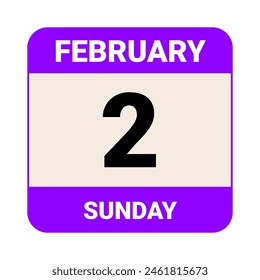 2. Februar, Sonntag. Datum Vorlage. Nützliches Design für Kalender- oder Eventpromotionen. Vektorillustration EPS 10 File. Isoliert auf weißem Hintergrund. 