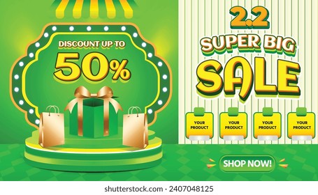 2 2 FEBRUARY SUPER BIG SALE GREEN YELLOW PROMO DISCOUNT 50 PERCENT BACKGOUND TEMPLATE SOCIAL MEDIA