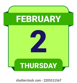 2 February, Thursday. Date template. Useful design for calendar or event promotion. Vector illustration EPS 10 File. Isolated on white background.