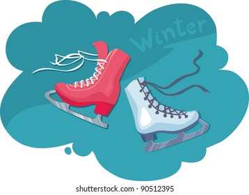 2 figure skates - male and female. Winter sport decorative illustration in cartoon style. Original card with concept of recreation and leisure 