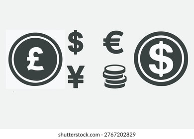 2 financial icons, deep black silhouettes, hand drawn Illustrator vector style, including 1) dollar symbol, 2) euro symbol, 3) pound symbol, 4) yen symbol, 5) stack of coins, uniform style, minimalist yet detailed