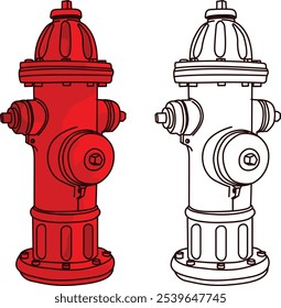 2 fire hydrant vector, tranparant fire fighter illustration, coloring book or page, red equipment side road tool