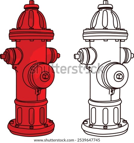 2 fire hydrant vector, tranparant fire fighter illustration, coloring book or page, red equipment side road tool