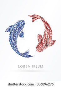 2 fish, twin fish, designed using red and blue line graphic vector.