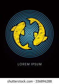 2 fish, twin fish, designed using grunge brush on circle line background graphic vector.