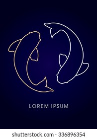 2 fish, twin fish, designed using gold and silver outline graphic vector.