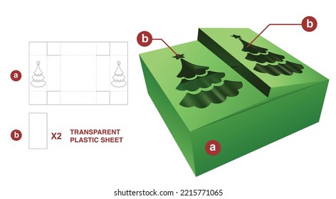 2 flaps box with Christmas tree windows and transparent plastic sheet die cut template and 3D mockup