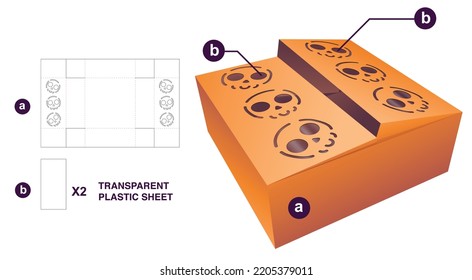 2 flaps box with Halloween pattern and transparent plastic sheet die cut template and 3D mockup