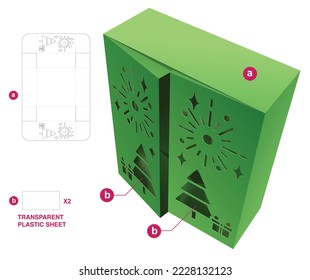 2 flaps box with stenciled Christmas festival window die cut template and 3D mockup