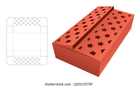 2 flaps long box with stenciled star pattern die cut template and 3D mockup