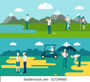 2 flat sport banners with golf course players abstract isolated vector illustration