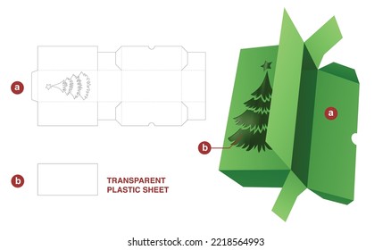 2 flips box con esténcil árbol de navidad y hoja de plástico plantilla de corte y mockup 3D