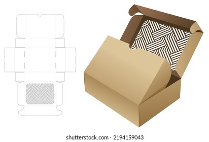 2 flips box with stenciled striped pattern window die cut template and 3D mockup