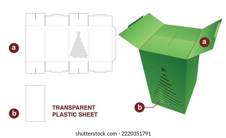 2 flips opening packaging box with stenciled Cristmas tree die cut template and 3D mockup