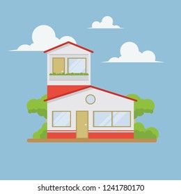 2 floors house vector illustration front view with trees, and blue sky background. flat design style
