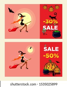 2 Flyers or banner with 30 and 50 percents discount for Halloween sale. Young beautiful girl dressed as a witch flies on a broom in the direction of the sale.