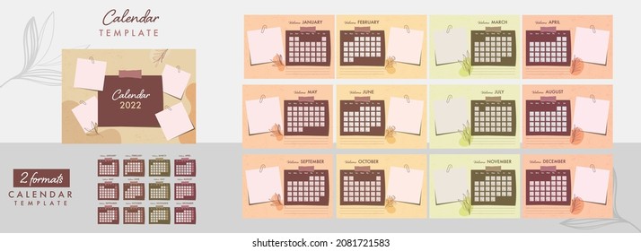 2 Formats Complete Set Of 12 Month, 2022 Calendar Design With Blank Sticky Notes For Corporate Planner.