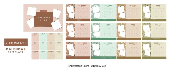 2 Formats Complete Set Of 12 Month, 2022 Calendar Design With Empty Sticky Notes And Festival Details.