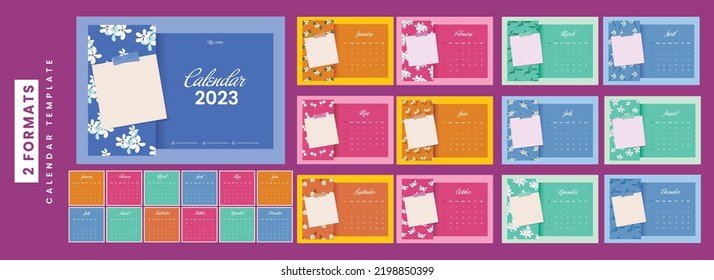 2 Formats Complete Set Of 12 Month, 2023 Multicolored Calendar Design With Blank Sticky Notes For Corporate Planner.