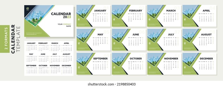 2 Formats Complete Set Of 12 Month, 2023 Calendar Template Design In Blue And White Color.