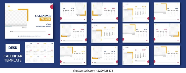 2 Formatos Completados De Plantilla De Calendario De Escritorio De 12 Meses, 2023 Con Espacio Para Imagen O Texto En Color Blanco.