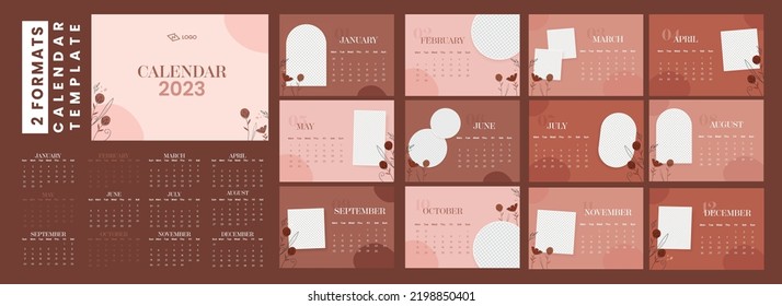 2 Formats Complete Set Of 2023 Yearly Calendar Template Design With Space For Image Or Text In Peach And Brown Color.
