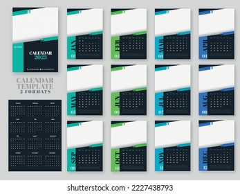 2 Formats Complete Set Of 2023 Yearly Calendar Template With Space For Text Or Image.