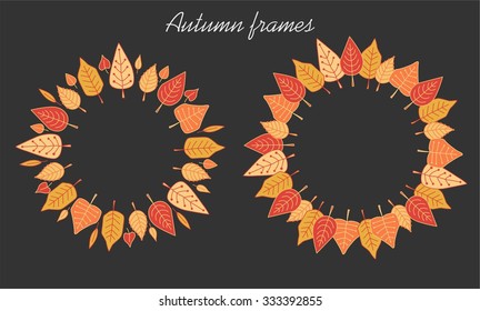 2 Frames with autumn leaves in yellow, red and orange colors. Wreaths  in decorative style.