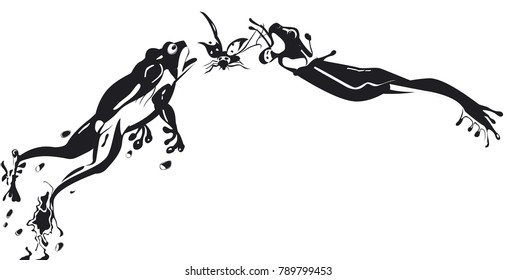 2 frogs jump on one ladybug in black and white