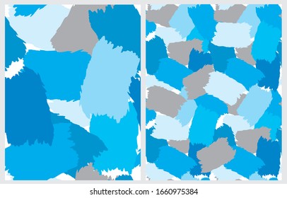 2 Funny Abstract Spots Seamless Vector Patterns. Blue and Gray Irregular Brush Elements Isolated on a White Background.Simple Infantile Style Geometric Vector Prints for Fabric,Textile,Wrapping Paper.