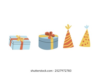 2 Gift boxes and party hats isolated. Hand drawn illustration for event decorations, greeting card, banners.
